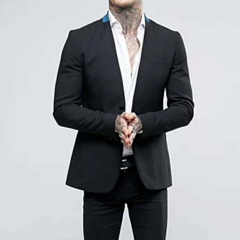 RELIGION Super Skinny black collarless suit jacket contrasting velvet collar